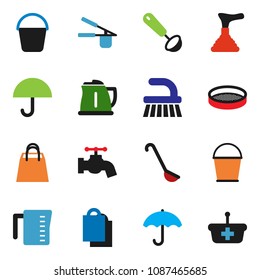 solid vector ixon set - plunger vector, fetlock, bucket, water tap, kettle, measuring cup, cook press, ladle, sieve, umbrella, shopping bag, basket