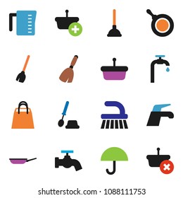 solid vector ixon set - plunger vector, broom, water tap, fetlock, toilet brush, pan, measuring cup, umbrella, supply, shopping bag, basket