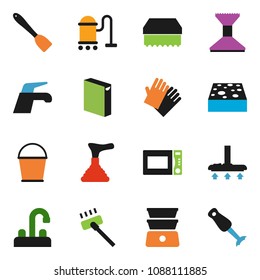 solid vector ixon set - plunger vector, water tap, vacuum cleaner, bucket, sponge, car fetlock, washing powder, rubber glove, spatula, microwave oven, double boiler, blender