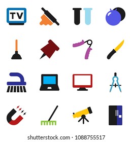 solid vector ixon set - plunger vector, fetlock, rake, knife, rolling pin, drawing compass, telescope, notebook pc, paper, magnet, hand trainer, fitball, tv, monitor, vial, fridge