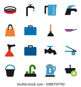 solid vector ixon set - plunger vector, water tap, bucket, pan, kettle, measuring cup, cook press, sieve, case, supply, shopping bag, basket