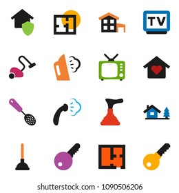 solid vector ixon set - plunger vector, vacuum cleaner, steaming, skimmer, tv, cottage, chalet, plan, key, love home, protect, password