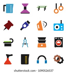 solid vector ixon set - plunger vector, car fetlock, steaming, washer, measuring cup, double boiler, drawing compass, paper pin, horizontal bar, gymnast rings, radio, headphones, hdmi, tomography