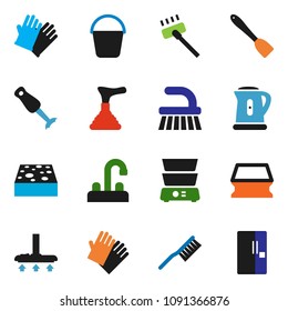 solid vector ixon set - plunger vector, vacuum cleaner, fetlock, bucket, sponge, rubber glove, water tap, kettle, spatula, double boiler, blender, fridge