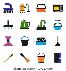 solid vector ixon set - plunger vector, vacuum cleaner, fetlock, bucket, sponge, car, washing powder, water tap, kettle, spatula, microwave oven, fridge