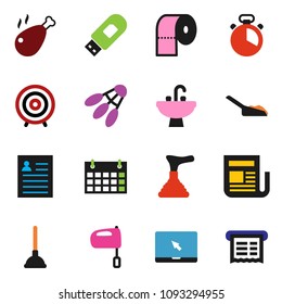 solid vector ixon set - plunger vector, scoop, toilet paper, sink, cook timer, mixer, chicken leg, personal information, target, calendar, shuttlecock, newspaper, notebook pc, usb modem, receipt