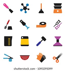solid vector ixon set - plunger vector, car fetlock, toilet brush, rubber glove, colander, measuring cup, cook press, spatula, meat hammer, cutting board, double boiler, blender, social media