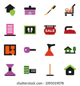 solid vector ixon set - plunger vector, cleaner trolley, mop, car fetlock, welcome mat, iron, university, school building, key, chalet, plan, sale signboard, home protect