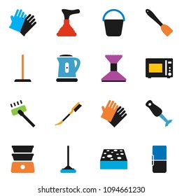 solid vector ixon set - plunger vector, vacuum cleaner, mop, bucket, sponge, car fetlock, rubber glove, kettle, spatula, microwave oven, double boiler, blender, fridge