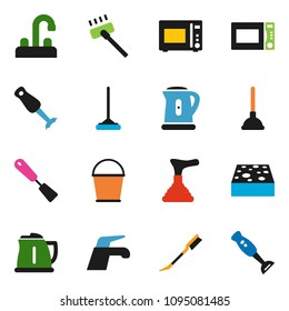 solid vector ixon set - plunger vector, water tap, vacuum cleaner, mop, bucket, sponge, car fetlock, kettle, spatula, microwave oven, blender