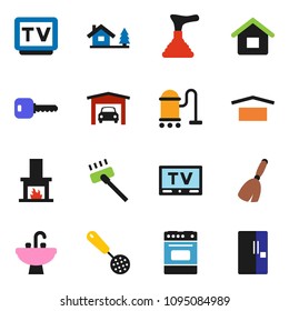 solid vector ixon set - plunger vector, broom, vacuum cleaner, sink, skimmer, oven, dry cargo, tv, key, house, chalet, garage, fireplace, fridge
