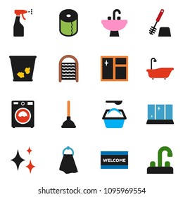solid vector ixon set - plunger vector, towel, trash bin, shining, window cleaning, welcome mat, bath, toilet brush, washer, washing powder, sprayer, washboard, paper, sink, water tap
