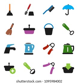 solid vector ixon set - plunger vector, broom, water tap, fetlock, bucket, toilet brush, kettle, whisk, ladle, hand trainer, umbrella, basket