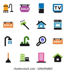 solid vector ixon set - plunger vector, vacuum cleaner, water tap, oven, tv, house, rent signboard, sold, apartments, search estate, bath, fridge, building, home