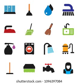 solid vector ixon set - plunger vector, broom, vacuum cleaner, fetlock, mop, scoop, sponge, water drop, tap, iron, washer, liquid soap, shining window, shower, sink, woman