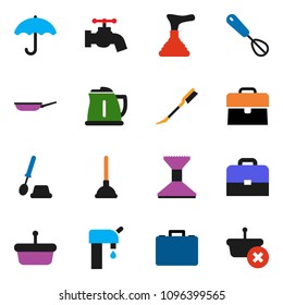 solid vector ixon set - plunger vector, water tap, car fetlock, toilet brush, pan, kettle, whisk, case, umbrella, supply, basket