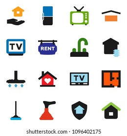 solid vector ixon set - plunger vector, vacuum cleaner, mop, house hold, water tap, dry cargo, tv, plan, rent signboard, love home, fridge, smart, protect