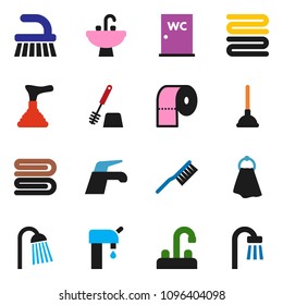 solid vector ixon set - plunger vector, water tap, fetlock, towel, toilet brush, paper, shower, closet, sink, supply, bath