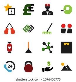 solid vector ixon set - plunger vector, rake, water closet, investment, pound, scales, weight, boxing glove, molecule, heart monitor, phone 24, doctor, insemination, pills blister, favorites