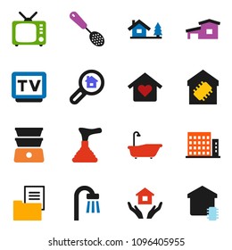 solid vector ixon set - plunger vector, bath, house hold, skimmer, double boiler, tv, cottage, chalet, estate document, apartments, search, love home, smart