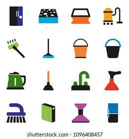 solid vector ixon set - plunger vector, vacuum cleaner, fetlock, mop, bucket, sponge, car, washing powder, water tap, kettle, fridge