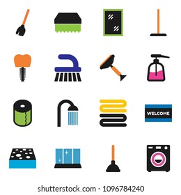 solid vector ixon set - plunger vector, scraper, broom, fetlock, mop, sponge, window cleaning, welcome mat, liquid soap, shining, toilet paper, shower, towel, tooth implant, washer