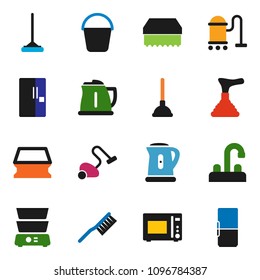 solid vector ixon set - plunger vector, vacuum cleaner, fetlock, mop, bucket, sponge, water tap, kettle, microwave oven, double boiler, fridge