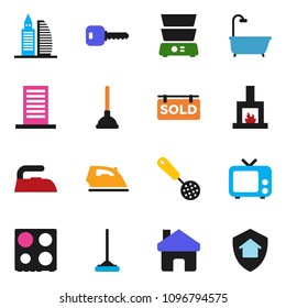 solid vector ixon set - plunger vector, mop, iron, skimmer, oven, double boiler, tv, home, key, sold signboard, office building, bath, fireplace, protect
