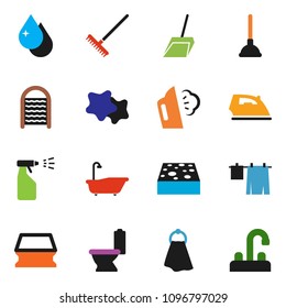 solid vector ixon set - plunger vector, scoop, rake, sponge, towel, water drop, splotch, iron, steaming, bath, toilet, drying clothes, sprayer, washboard, tap