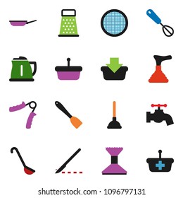 solid vector ixon set - plunger vector, water tap, car fetlock, pan, kettle, whisk, spatula, ladle, grater, sieve, hand trainer, scalpel, basket