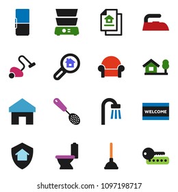 solid vector ixon set - plunger vector, vacuum cleaner, welcome mat, iron, toilet, skimmer, double boiler, home, chalet, estate document, search, bath, cushioned furniture, fridge, protect, password