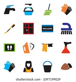 solid vector ixon set - plunger vector, water tap, fetlock, scoop, bucket, car, welcome mat, steaming, drying clothes, washing powder, rubber glove, shining window, cleaner woman, garbage pile