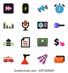 solid vector ixon set - plunger vector, school building, alarm clock, document, cash, dollar cursor, enegry drink, shuttlecock, loudspeaker, equalizer, microphone, forward button, amkbulance car