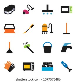 solid vector ixon set - plunger vector, water tap, vacuum cleaner, mop, bucket, sponge, car fetlock, rubber glove, microwave oven, blender