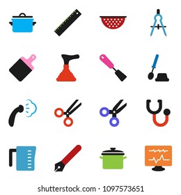 solid vector ixon set - plunger vector, steaming, toilet brush, pan, colander, measuring cup, spatula, cutting board, pen, ruler, drawing compass, scissors, stethoscope, diagnostic monitor