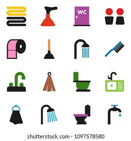 solid vector ixon set - plunger vector, fetlock, towel, toilet, paper, shower, water closet, sink, tap, supply