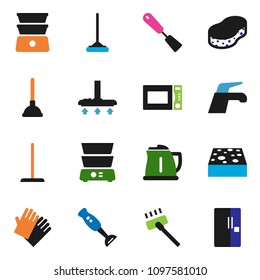solid vector ixon set - plunger vector, water tap, vacuum cleaner, mop, sponge, rubber glove, kettle, spatula, microwave oven, double boiler, blender, fridge