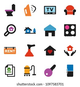 solid vector ixon set - plunger vector, vacuum cleaner, steaming, toilet, house hold, oven, tv, home, chalet, estate document, rent signboard, search, key, cushioned furniture, love, fridge