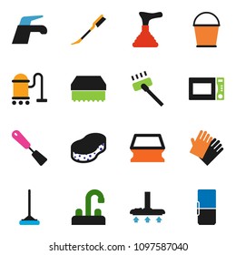 solid vector ixon set - plunger vector, water tap, vacuum cleaner, mop, bucket, sponge, car fetlock, rubber glove, spatula, microwave oven, fridge