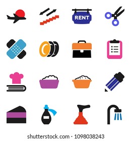 solid vector ixon set - plunger vector, foam basin, plates, cookbook, cake, pencil, clipboard, scissors, case, stairways run, plane, patch, potion, rent signboard, bath