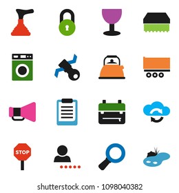 solid vector ixon set - plunger vector, sponge, washer, kettle, backpack, clipboard, magnifier, satellite, truck trailer, glass, loudspeaker, cloud exchange, lock, login, stop, pond