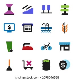 solid vector ixon set - plunger vector, trash bin, car fetlock, iron, monitor dollar, bike, stairways run, cereals, pool, signpost, no trolley, oil barrel, server, store, receipt, shield