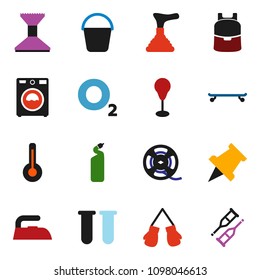solid vector ixon set - plunger vector, bucket, car fetlock, iron, washer, cleaning agent, backpack, paper pin, punching bag, boxing glove, skateboard, oxygen, film spool, thermometer, vial