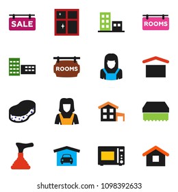 solid vector ixon set - plunger vector, sponge, shining window, cleaner woman, microwave oven, school building, dry cargo, cottage, garage, sale signboard, rooms, apartments, home