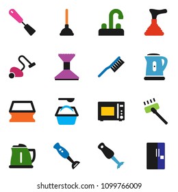 solid vector ixon set - plunger vector, vacuum cleaner, fetlock, sponge, car, washing powder, water tap, kettle, spatula, microwave oven, blender, fridge