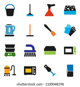 solid vector ixon set - plunger vector, vacuum cleaner, fetlock, mop, bucket, sponge, rubber glove, kettle, spatula, microwave oven, double boiler, blender, fridge