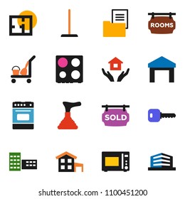 solid vector ixon set - plunger vector, cleaner trolley, mop, house hold, microwave oven, school building, warehouse, key, cottage, plan, estate document, rooms signboard, sold, office
