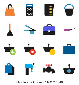 solid vector ixon set - plunger vector, bucket, water tap, pan, measuring cup, cook press, grater, case, supply, shopping bag, basket
