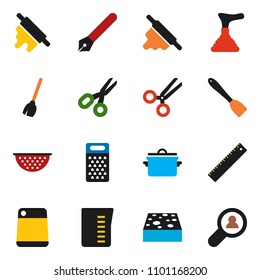 solid vector ixon set - plunger vector, broom, sponge, pan, colander, measuring cup, spatula, rolling pin, cutting board, grater, pen, ruler, scissors, client search