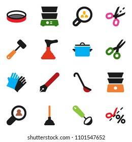 solid vector ixon set - plunger vector, rubber glove, pan, ladle, meat hammer, double boiler, sieve, pen, scissors, client search, coupon